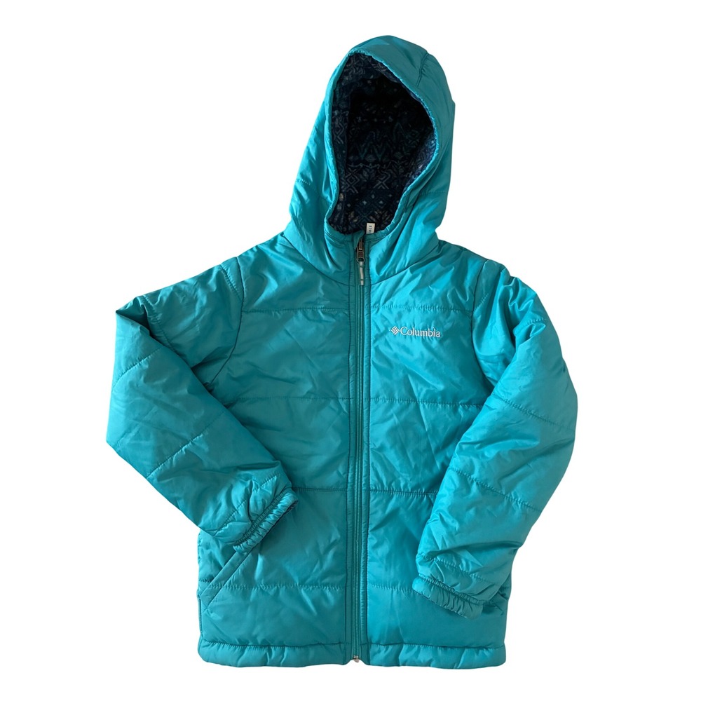 Columbia Kids Reversible Puffer Jacket Teal Blue Fleece Hooded Coat Size S 7/8